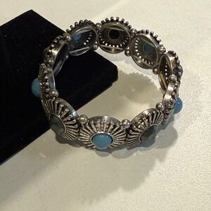 Vintage Silver Tone Stretch Bracelet with Blue & Gray Accents, Fashion Jewelry
